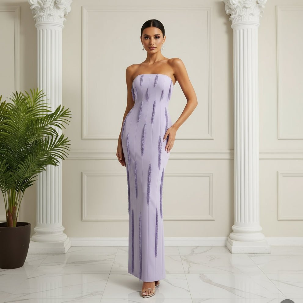 strapless ruched tassel dress in lavender milie Purple Beaded Fringed Detail Maxi Dress