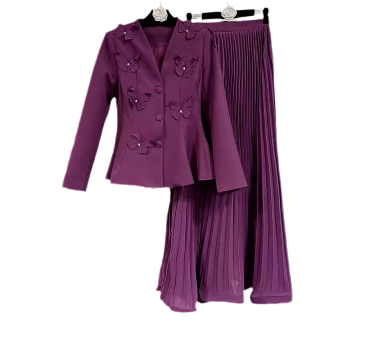Mariphelle Set features a butterfly-detailed patchwork blazer with  skirt