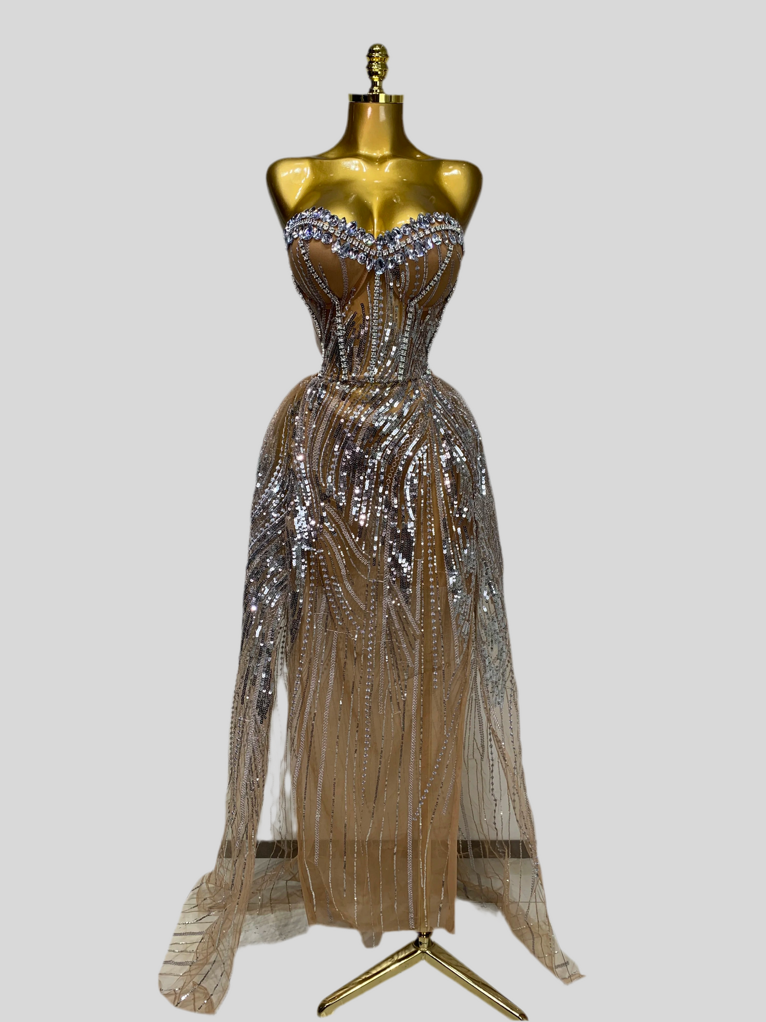fafontessa strapless mesh crystal maxi dress