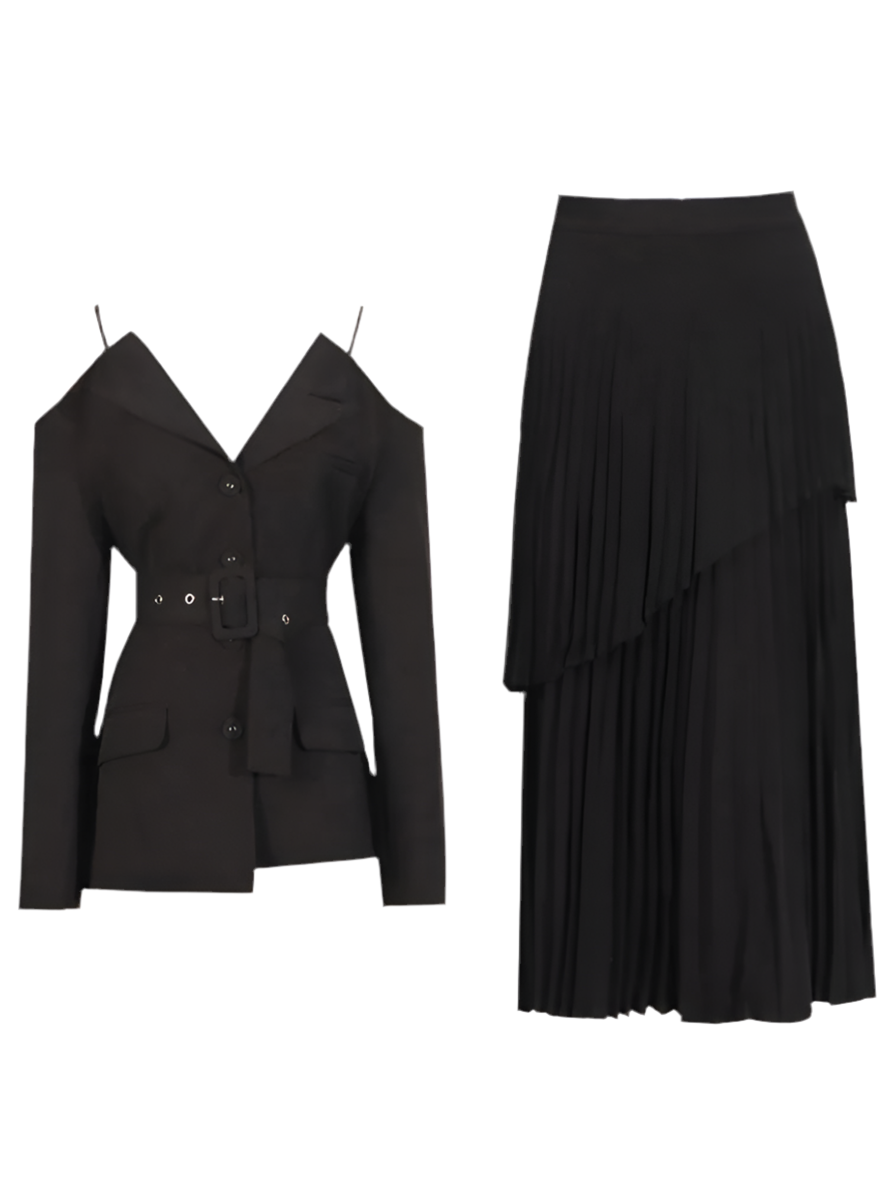 Elan two-piece set featuring a cold shoulder blazer with belt and pleated skirt