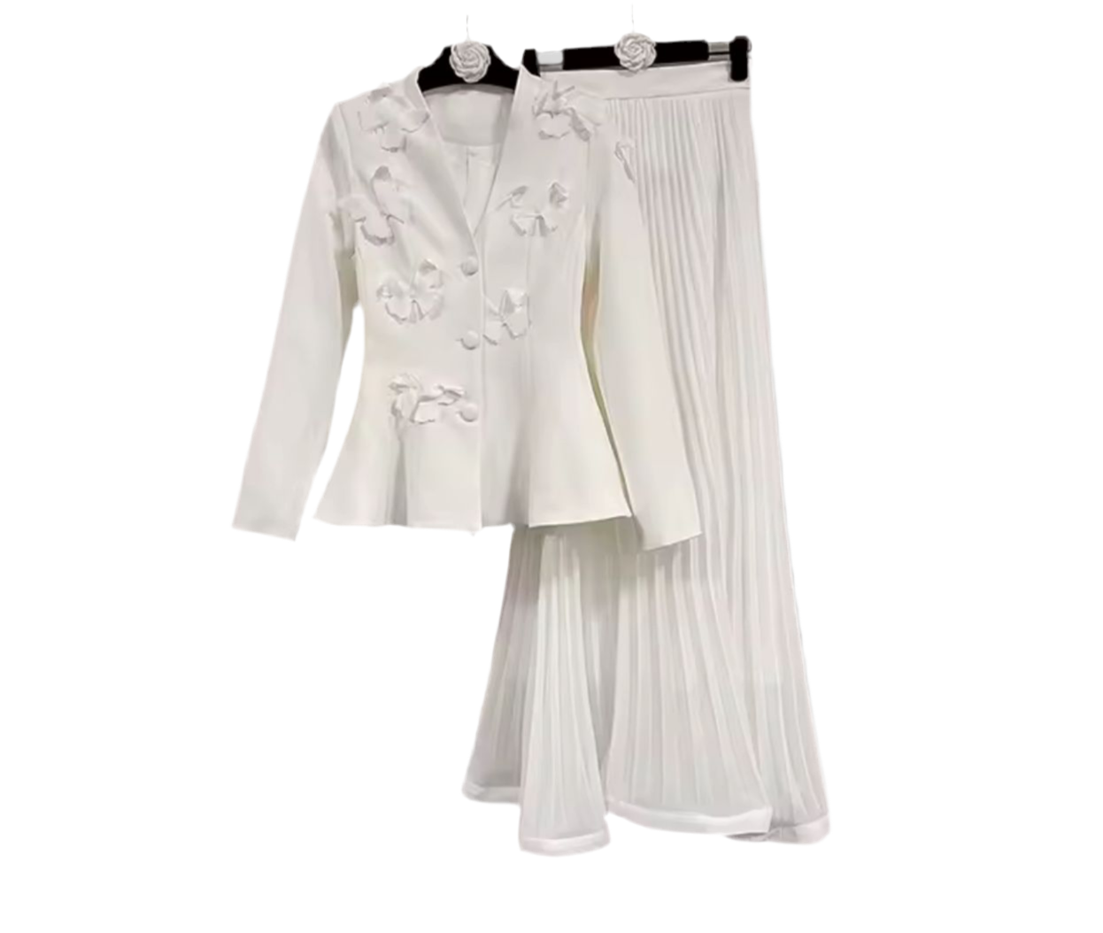 Mariphelle Set features a butterfly-detailed patchwork blazer with  skirt