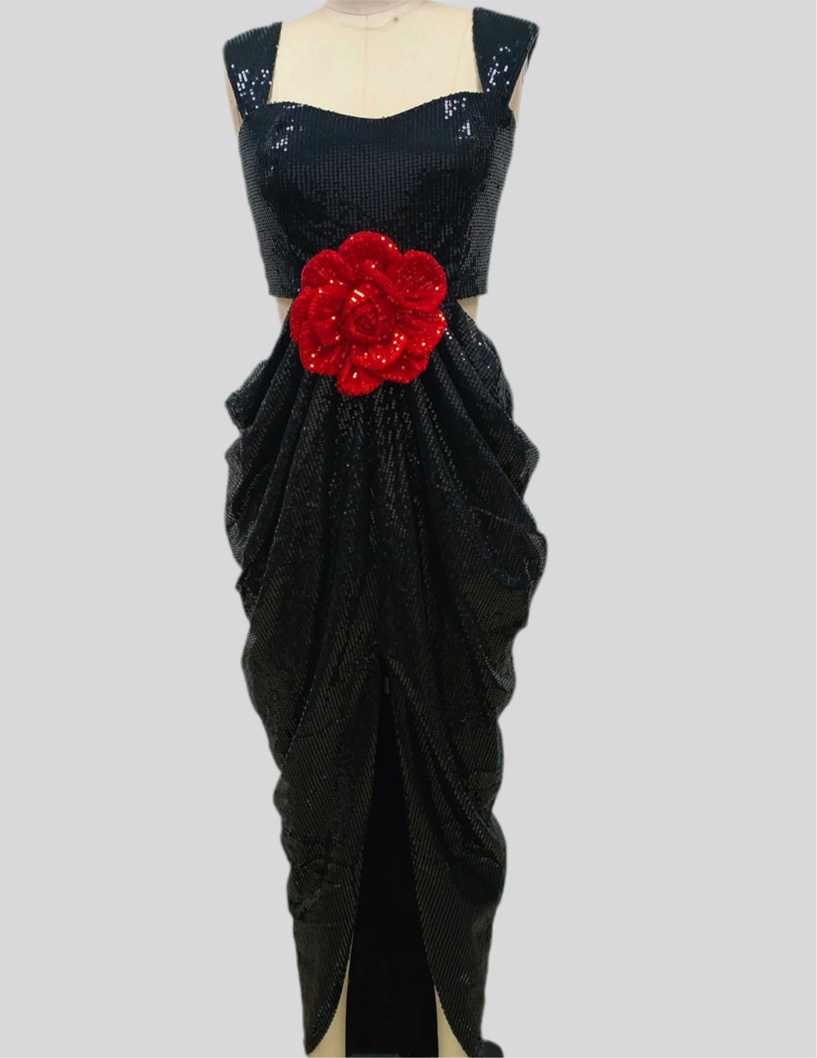 Rosavine Black sequin gown featuring a bold red rose