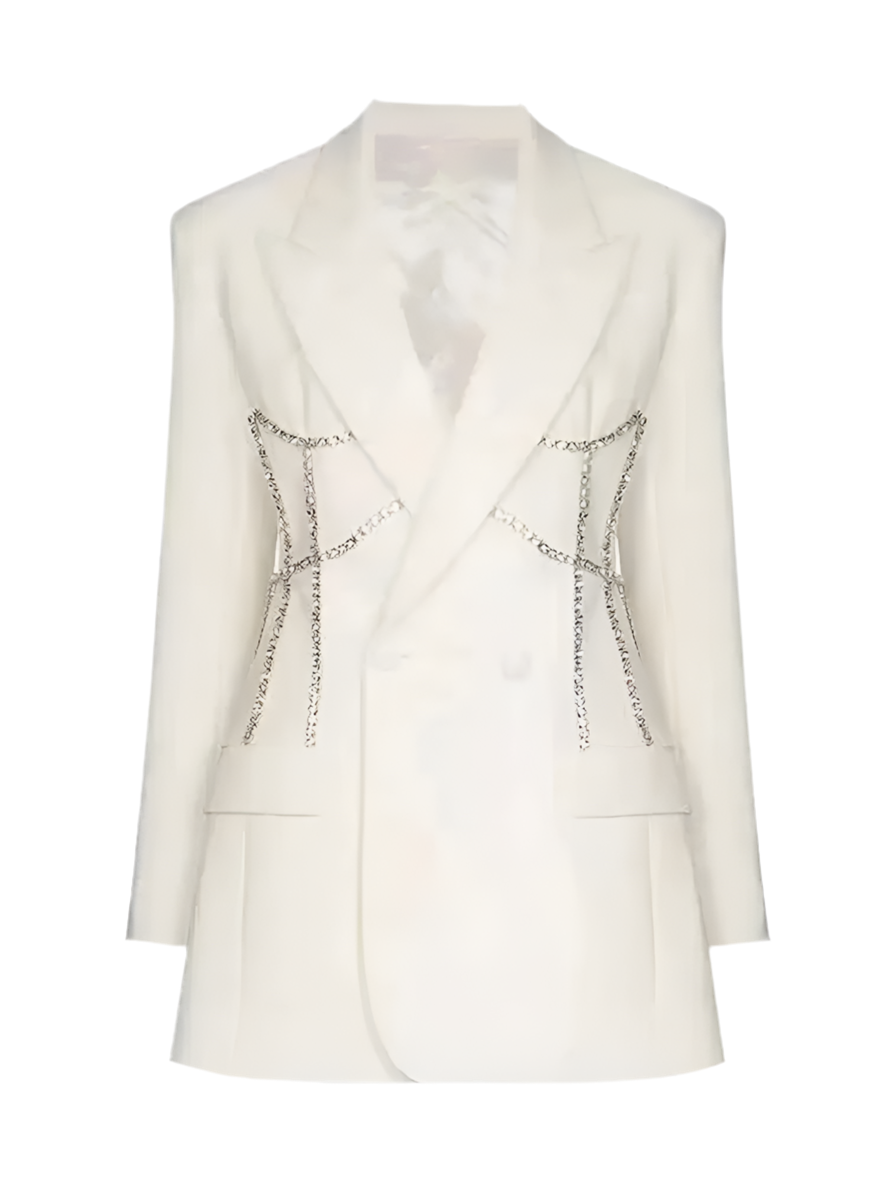 Silvarra A bold white blazer with silver chains.