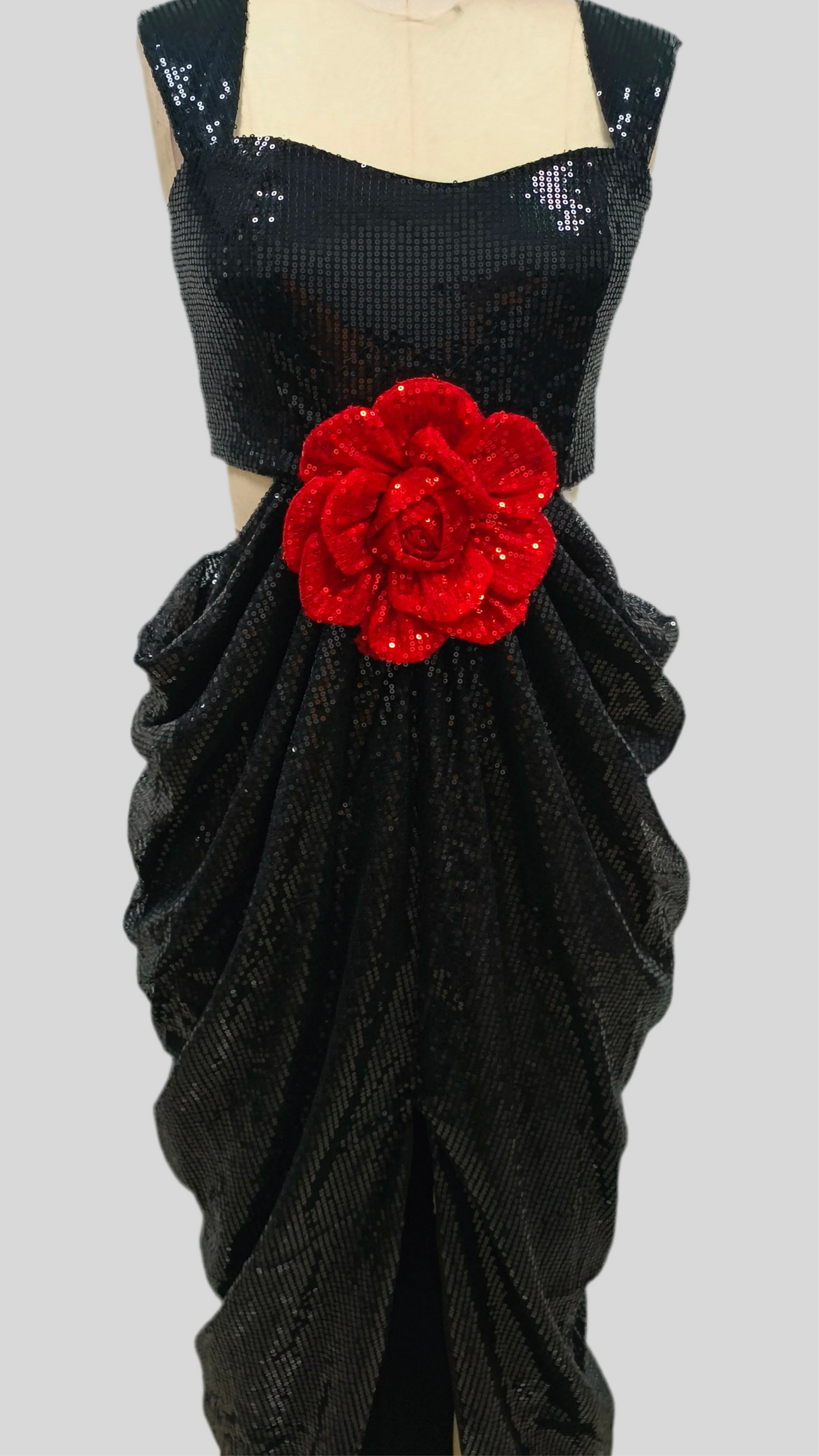 Rosavine Black sequin gown featuring a bold red rose