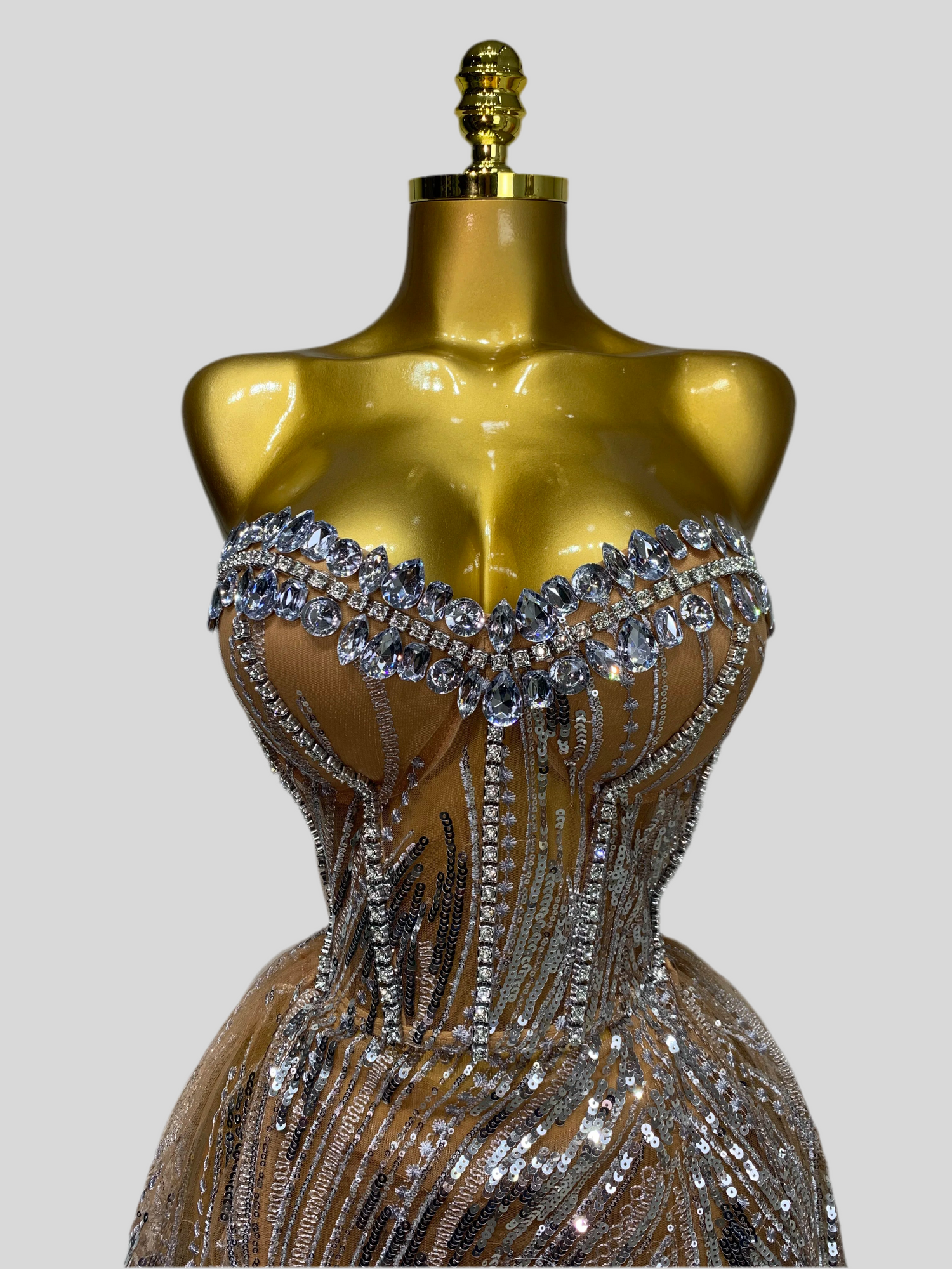 fafontessa strapless mesh crystal maxi dress