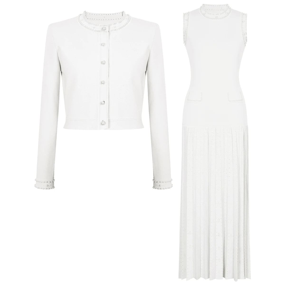 Avenoré   Women’s Pearl Knitted Cardigan & Slim Dress Set