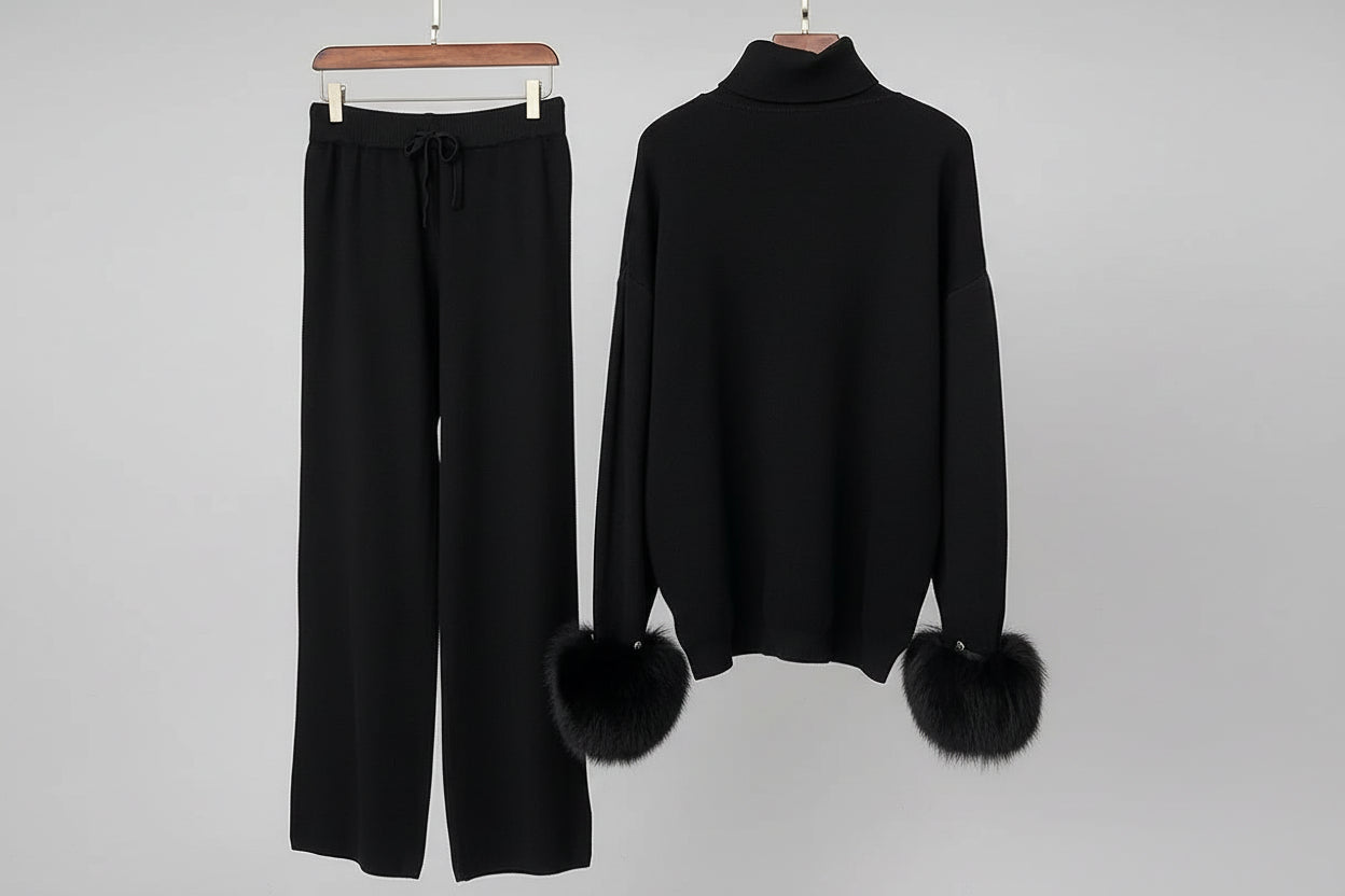 Ivlin  Fox Fur Knitted Set – Real Fur Cuff Sweater & Pants Winter Outfit