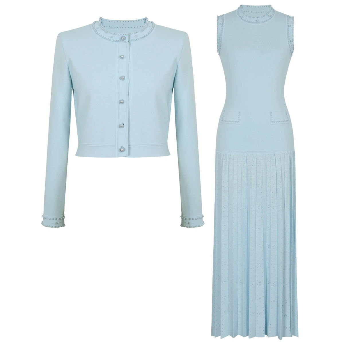 Avenoré   Women’s Pearl Knitted Cardigan & Slim Dress Set