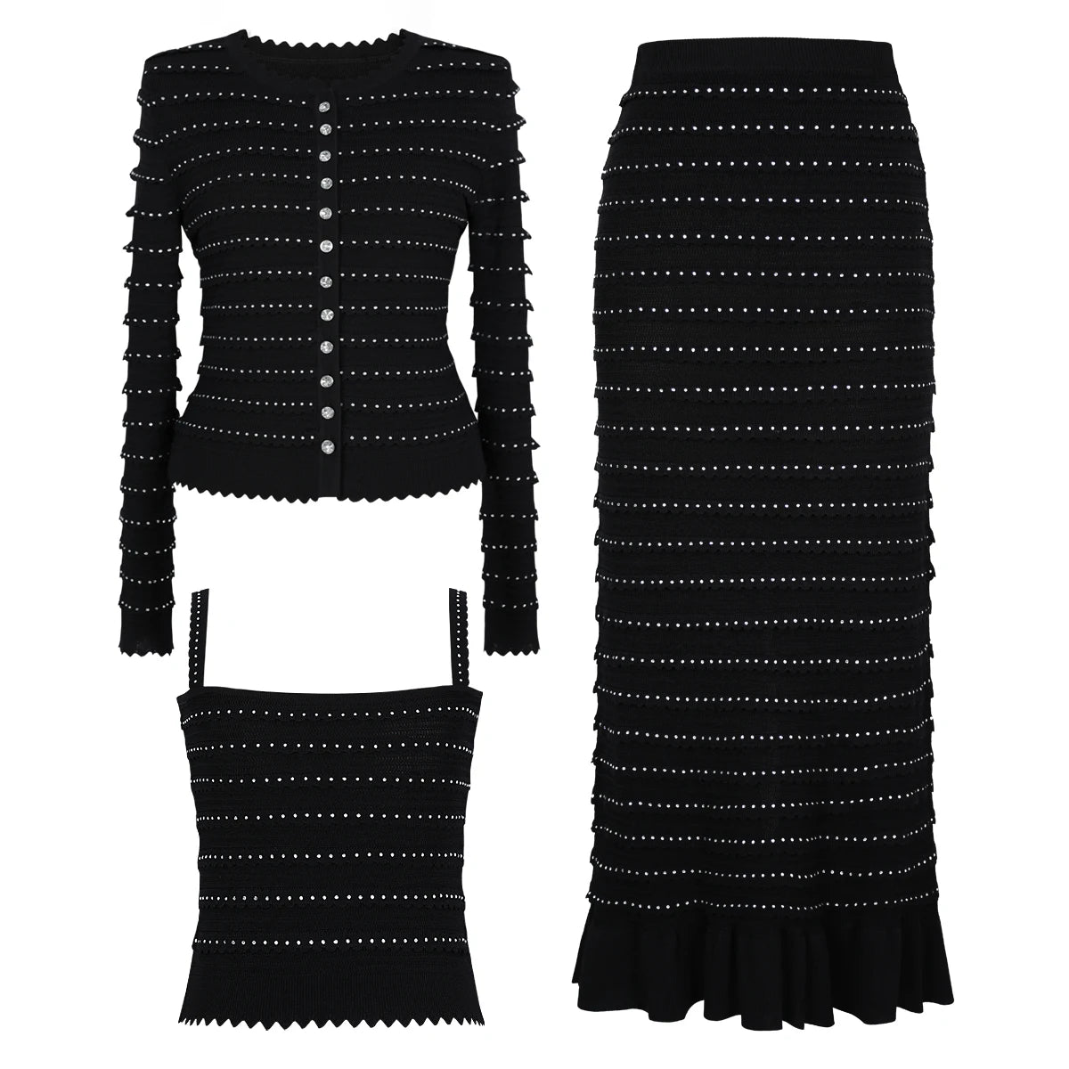 Élivane   Knitted Lace Rhinestone Cardigan & Ruffle Skirt Set
