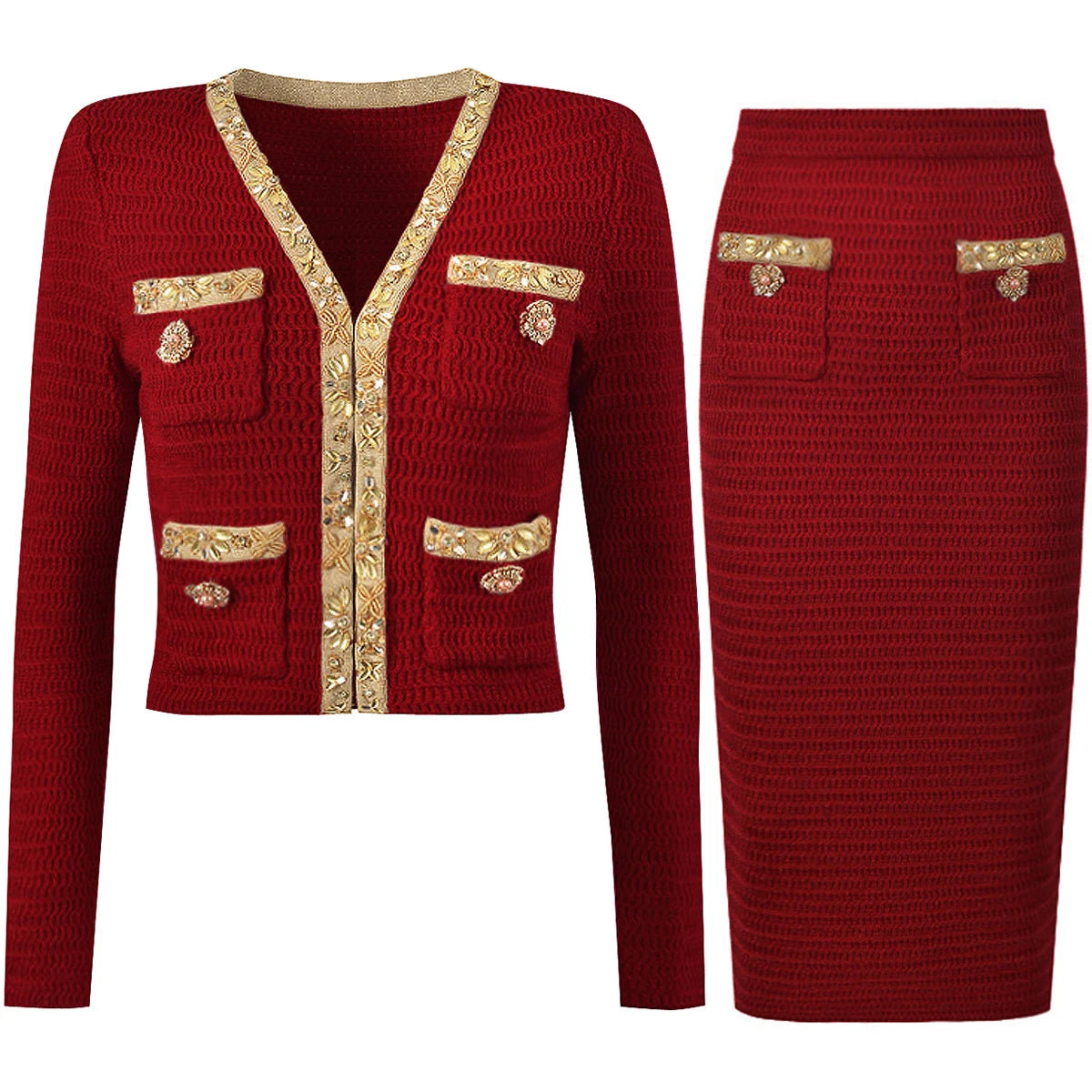 Aurivelle   Knitted V-Neck Beaded Cardigan & Slim Skirt Set