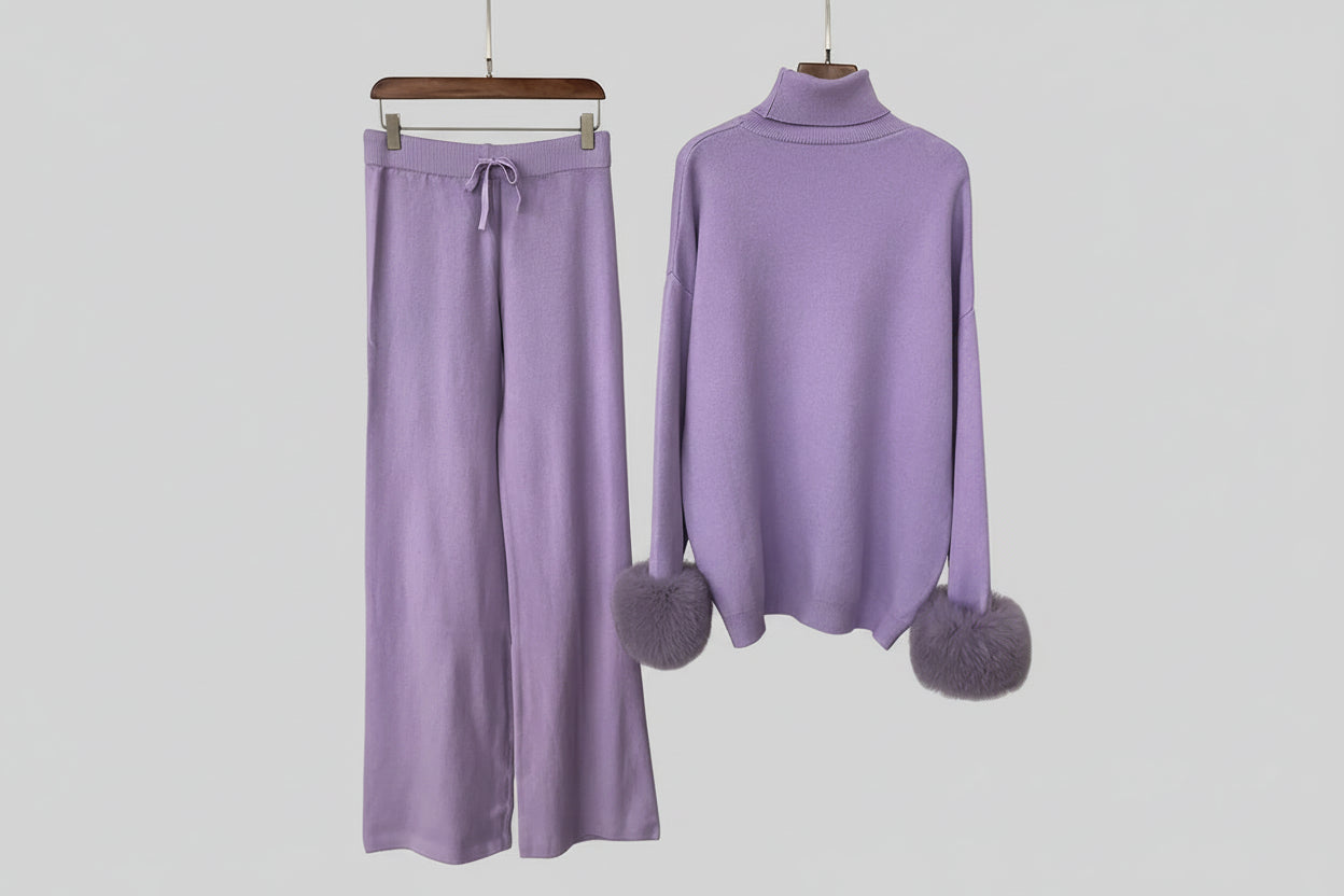 Ivlin  Fox Fur Knitted Set – Real Fur Cuff Sweater & Pants Winter Outfit