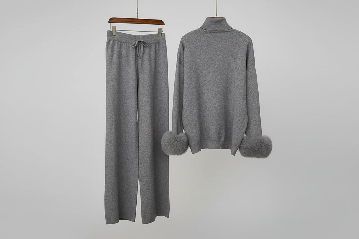 Ivlin  Fox Fur Knitted Set – Real Fur Cuff Sweater & Pants Winter Outfit