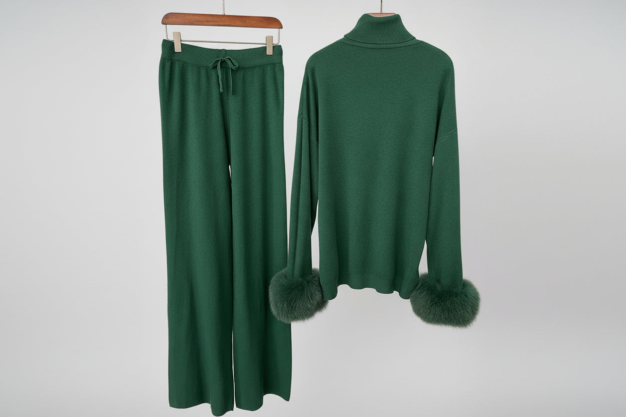 Ivlin  Fox Fur Knitted Set – Real Fur Cuff Sweater & Pants Winter Outfit