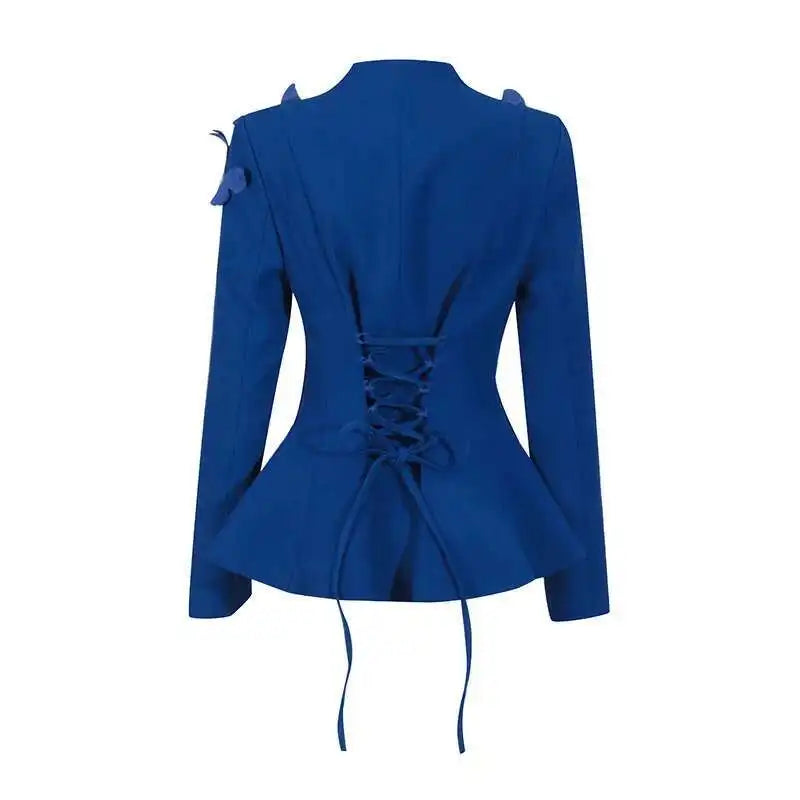 Mariphelle Set features a butterfly-detailed patchwork blazer with  skirt