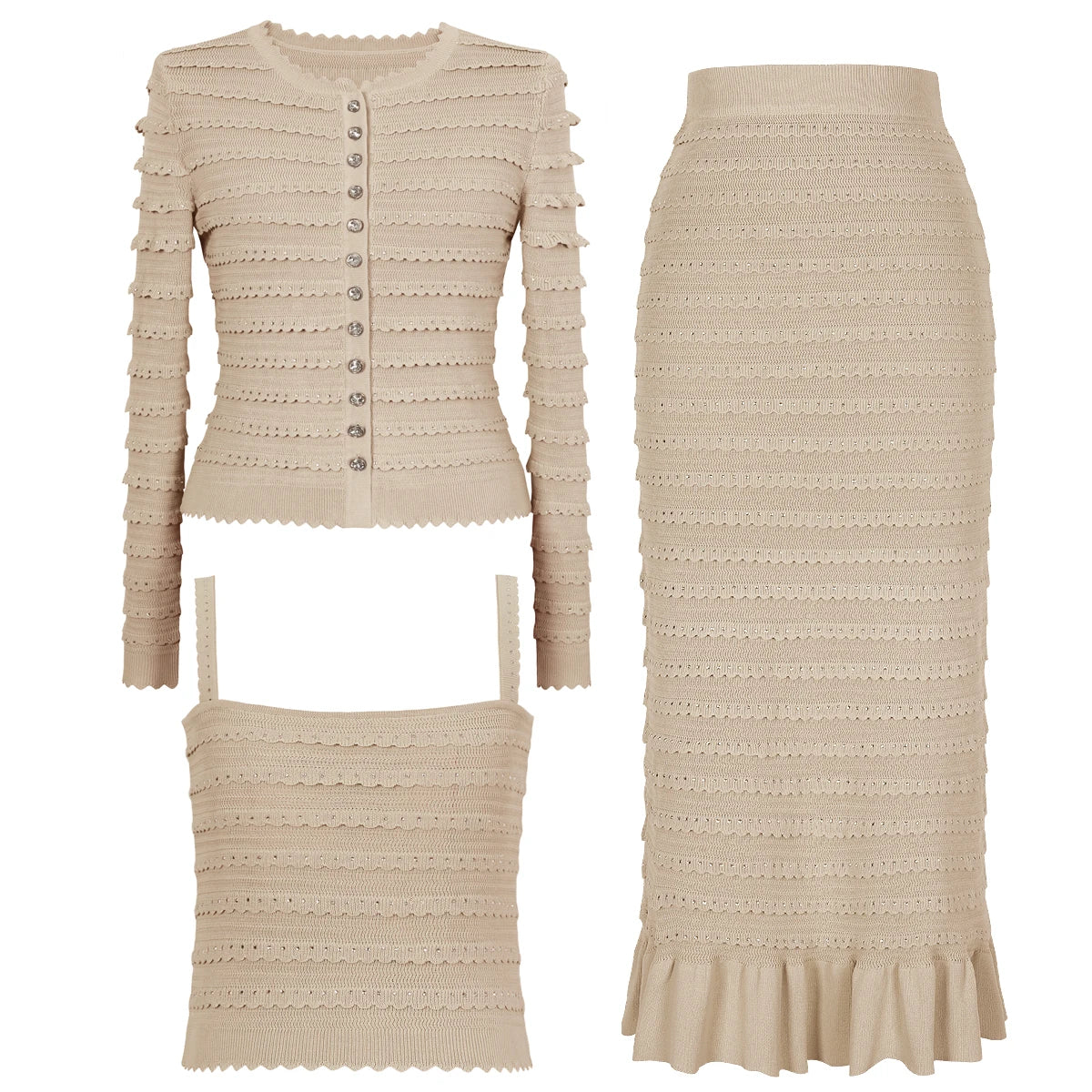 Élivane   Knitted Lace Rhinestone Cardigan & Ruffle Skirt Set