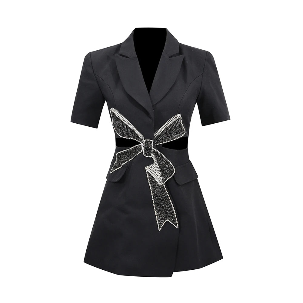 Seyna a bold, hollow-out black Blazer mini dress with sequin patchwork