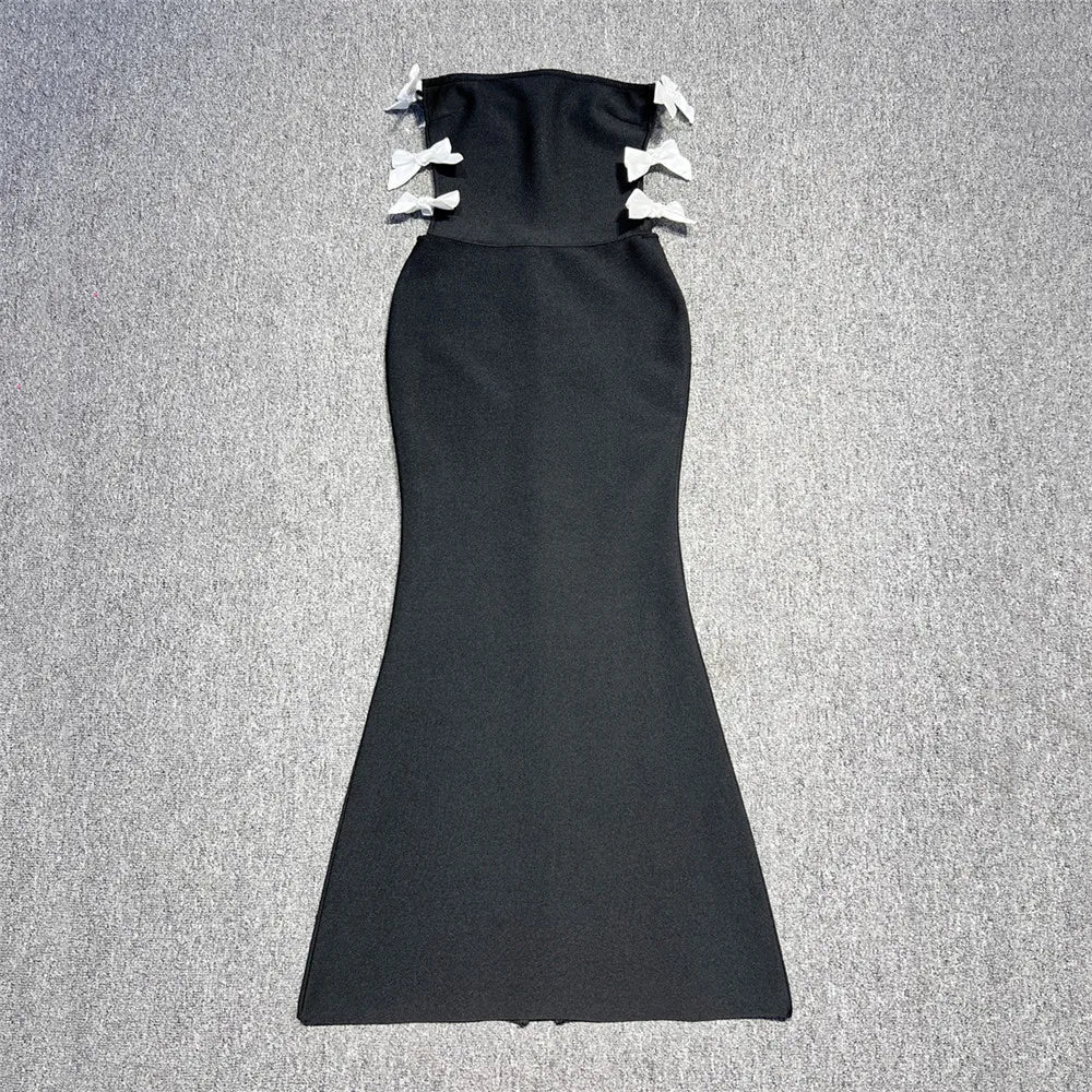 Bella - Strapless bandage maxi dress with side slit and butterfly accents.