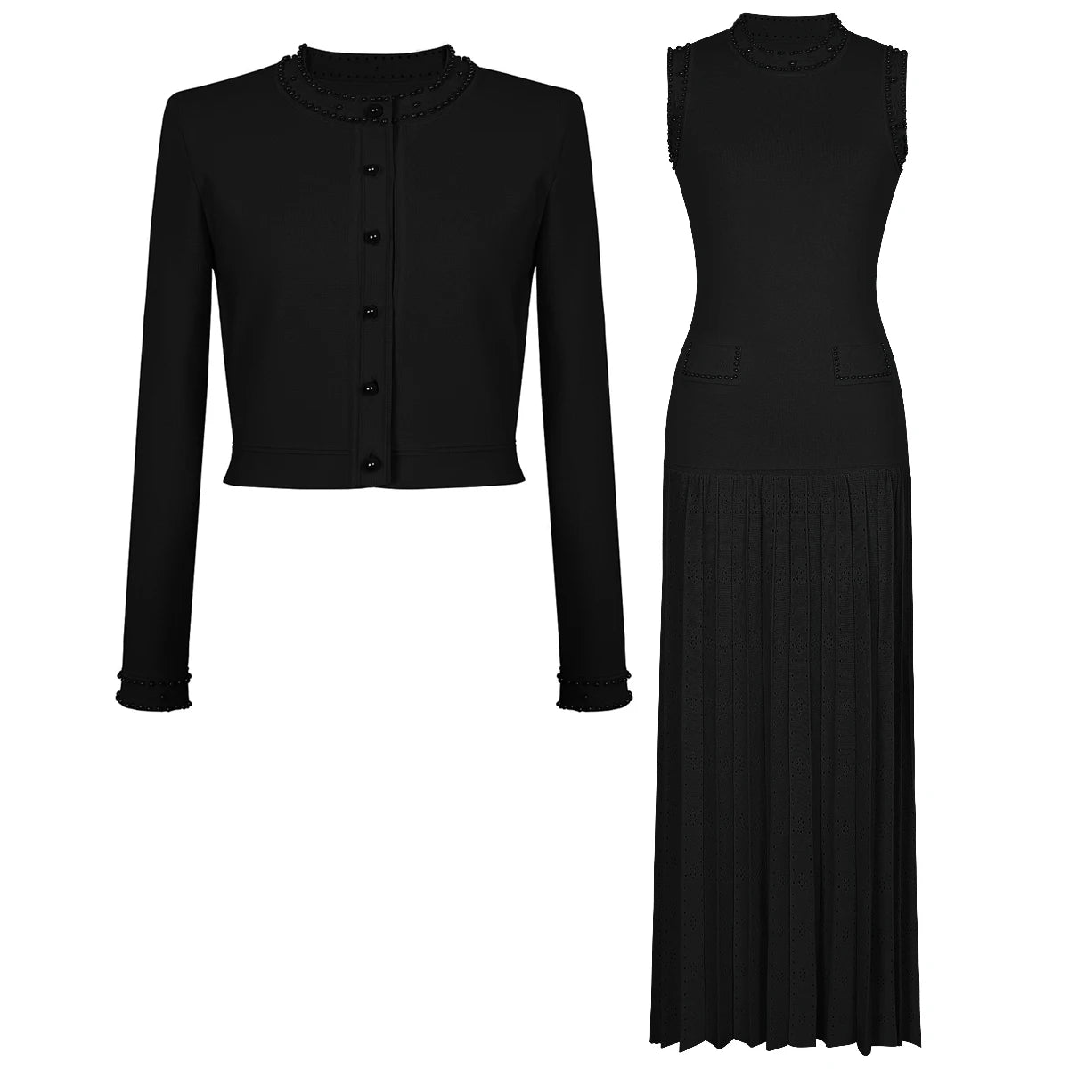 Avenoré   Women’s Pearl Knitted Cardigan & Slim Dress Set