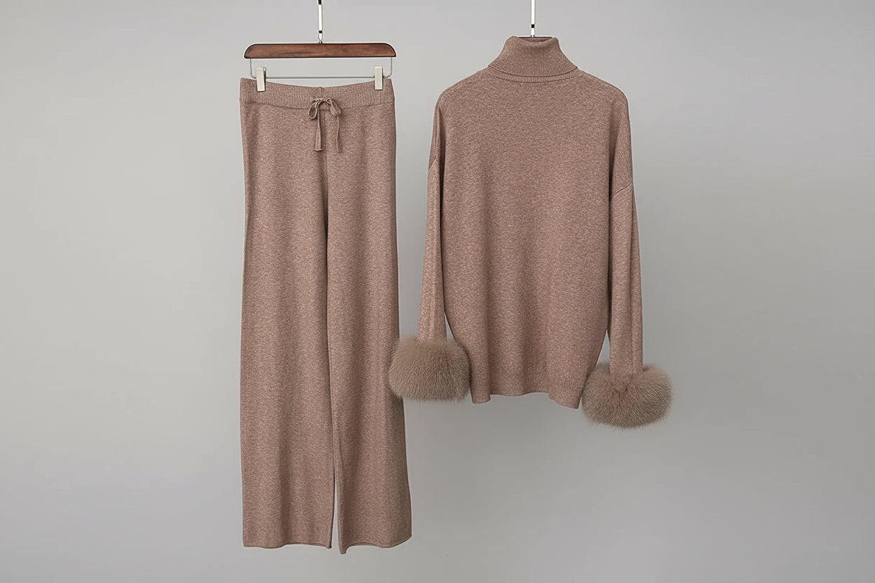 Ivlin  Fox Fur Knitted Set – Real Fur Cuff Sweater & Pants Winter Outfit