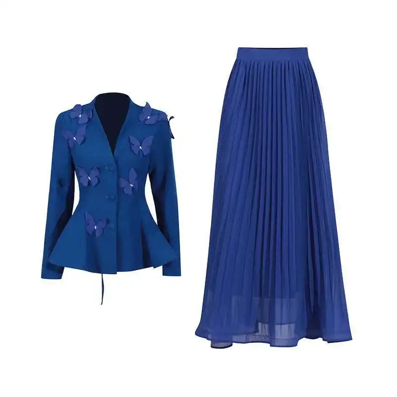 Mariphelle Set features a butterfly-detailed patchwork blazer with  skirt