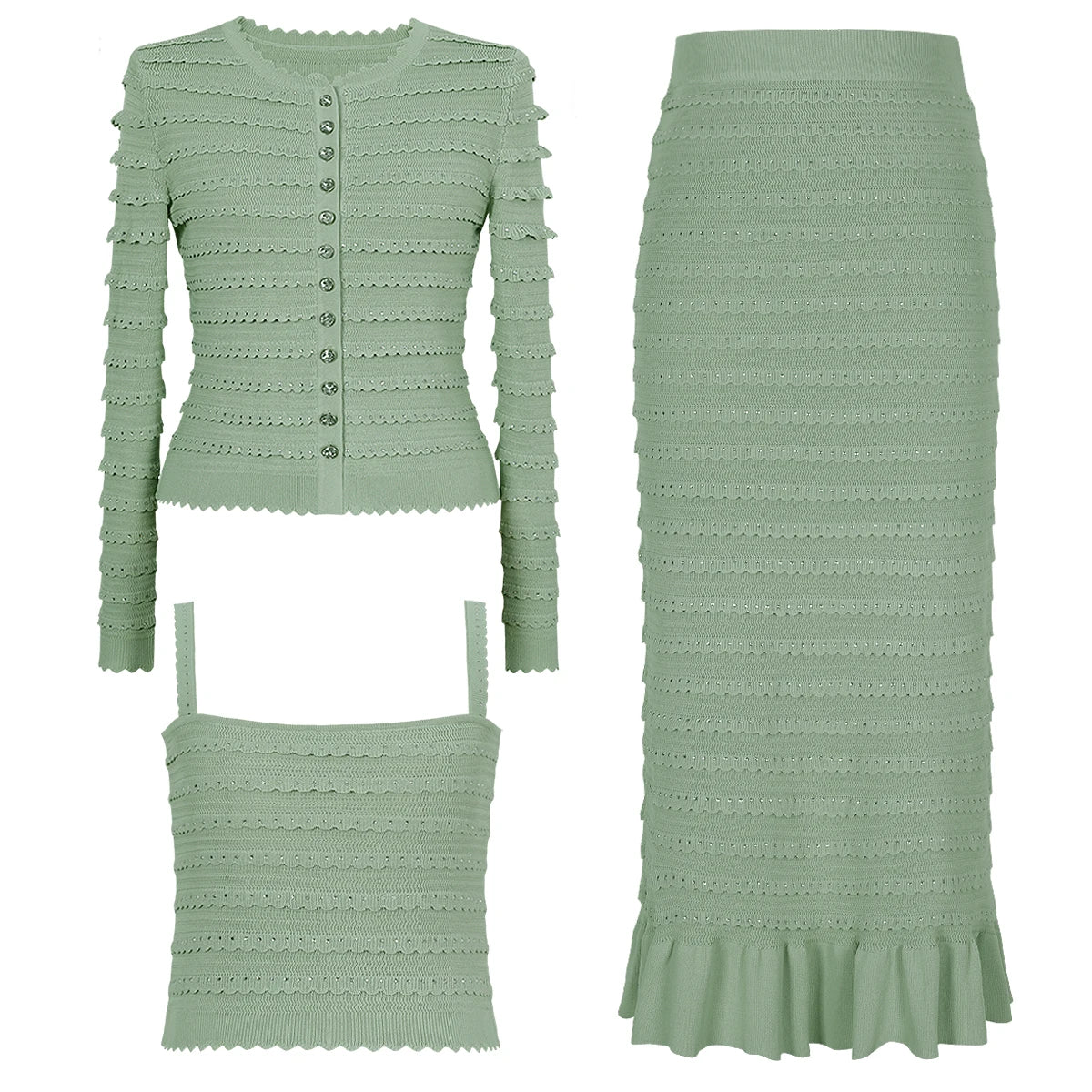 Élivane   Knitted Lace Rhinestone Cardigan & Ruffle Skirt Set