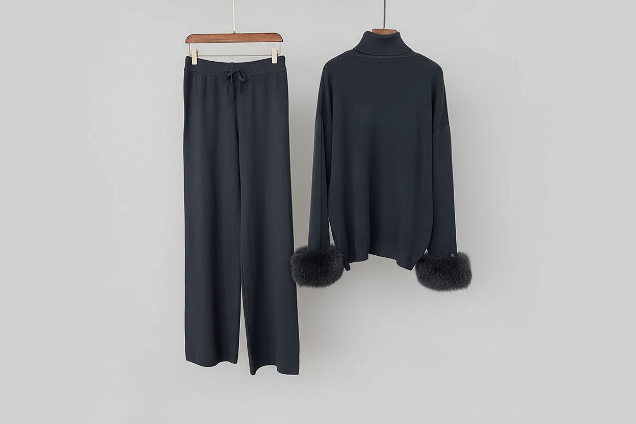 Ivlin  Fox Fur Knitted Set – Real Fur Cuff Sweater & Pants Winter Outfit