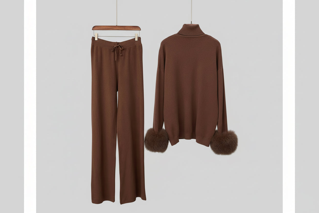 Ivlin  Fox Fur Knitted Set – Real Fur Cuff Sweater & Pants Winter Outfit