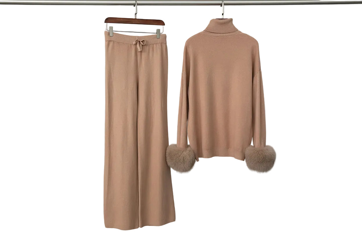 Ivlin  Fox Fur Knitted Set – Real Fur Cuff Sweater & Pants Winter Outfit