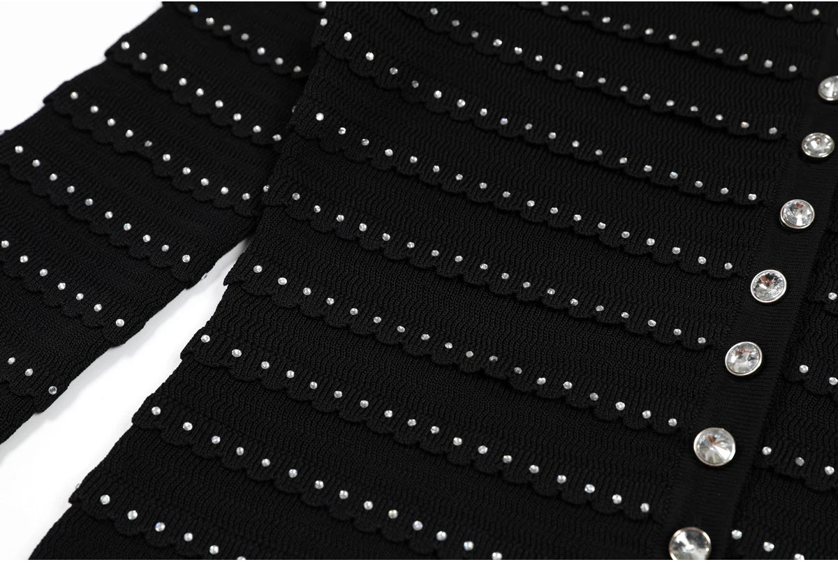 Élivane   Knitted Lace Rhinestone Cardigan & Ruffle Skirt Set