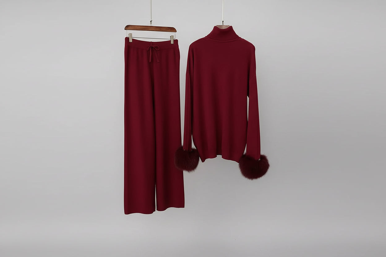 Ivlin  Fox Fur Knitted Set – Real Fur Cuff Sweater & Pants Winter Outfit