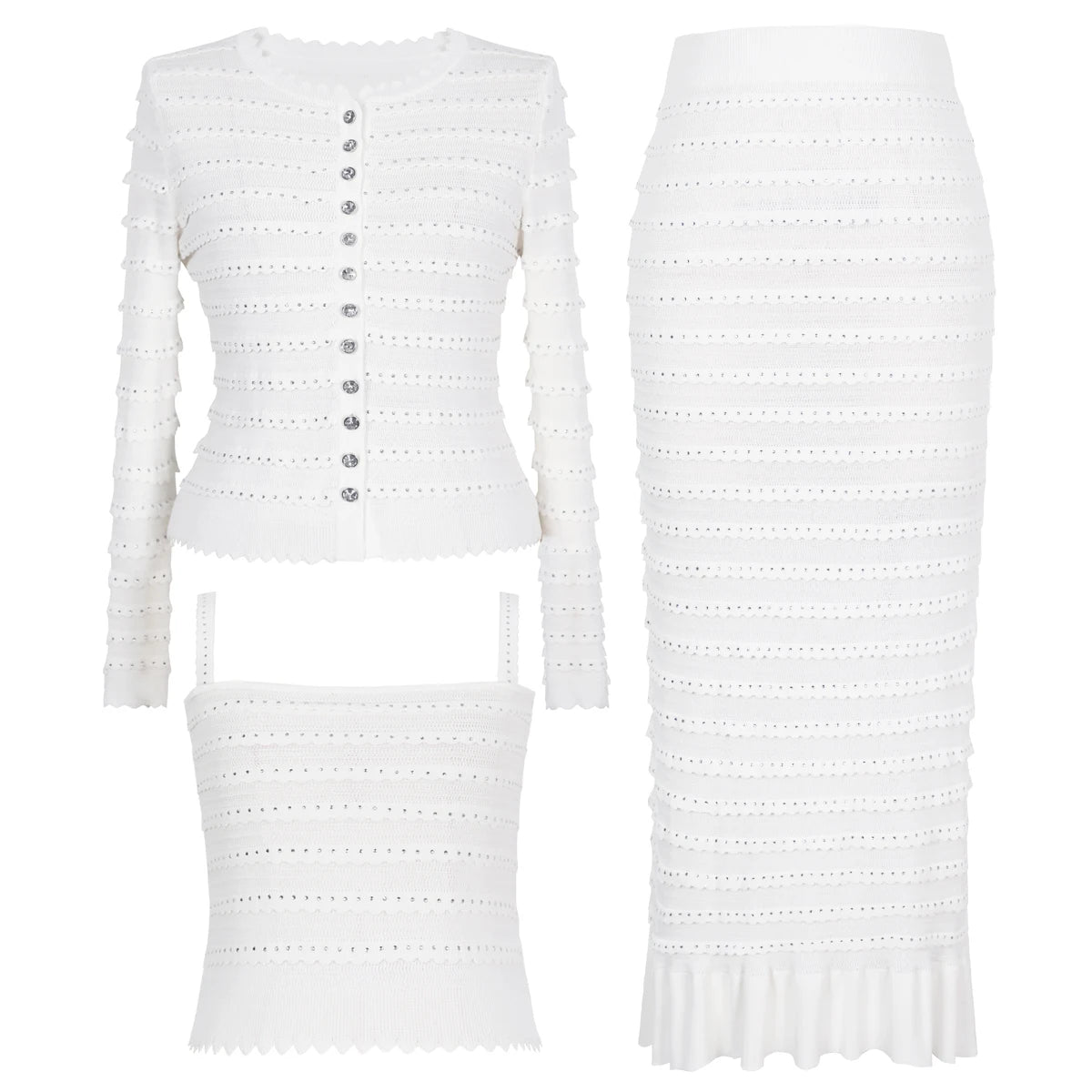 Élivane   Knitted Lace Rhinestone Cardigan & Ruffle Skirt Set
