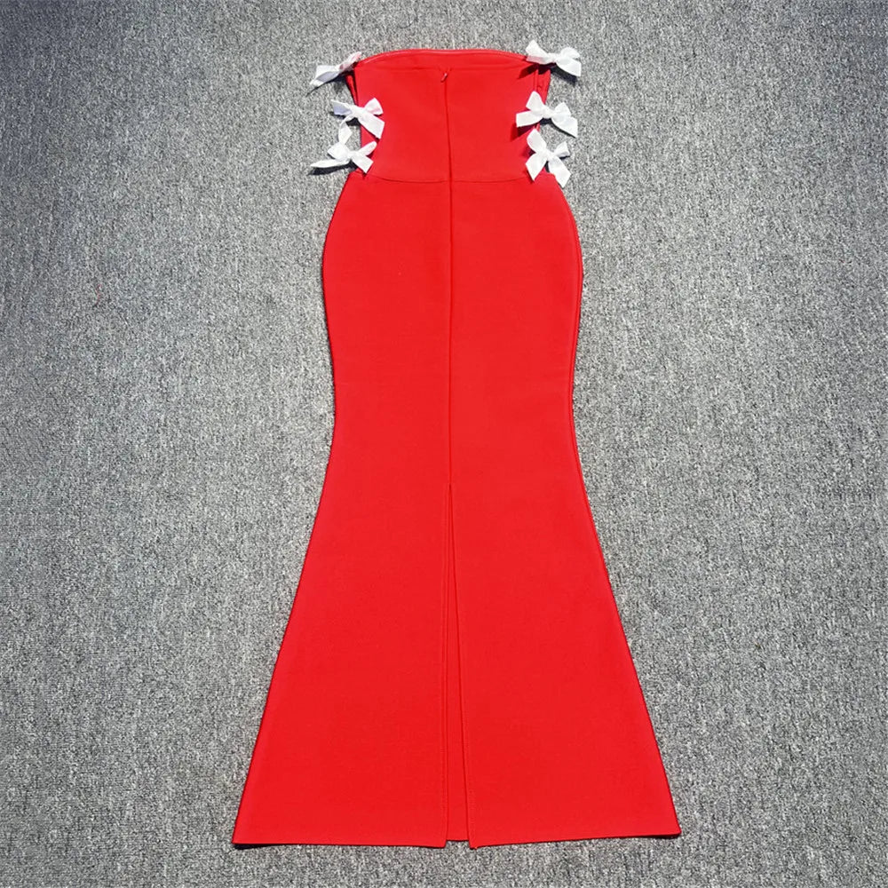 Bella - Strapless bandage maxi dress with side slit and butterfly accents.