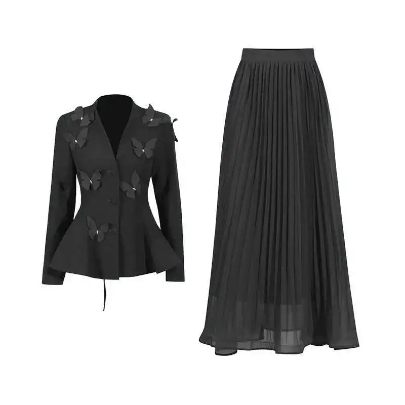 Mariphelle Set features a butterfly-detailed patchwork blazer with  skirt