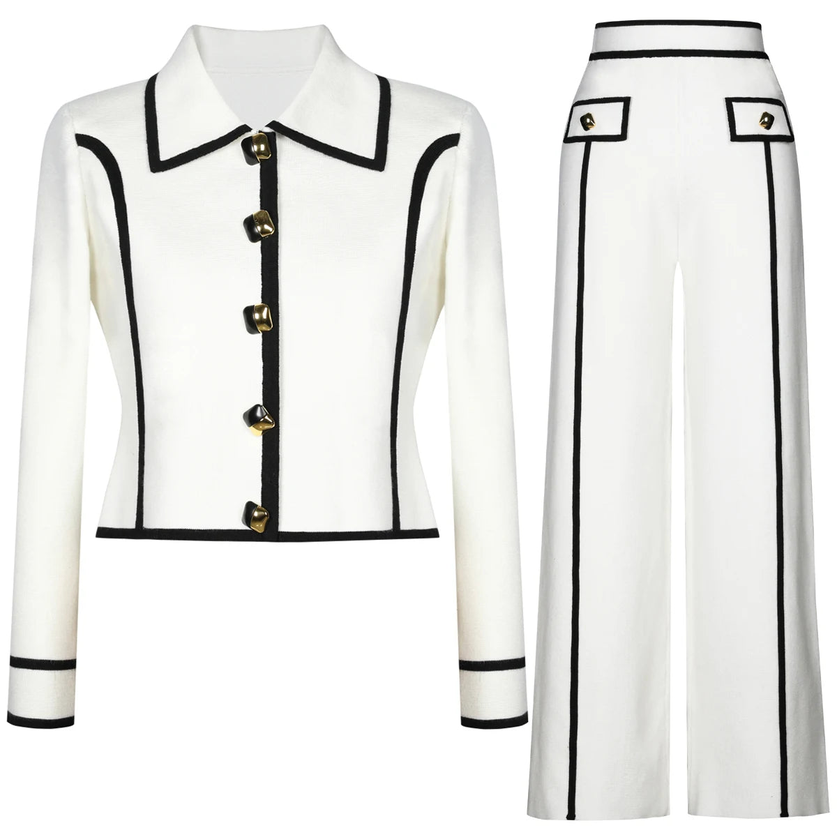 Marvière   Knitted Patchwork Cardigan & Straight Pants Set