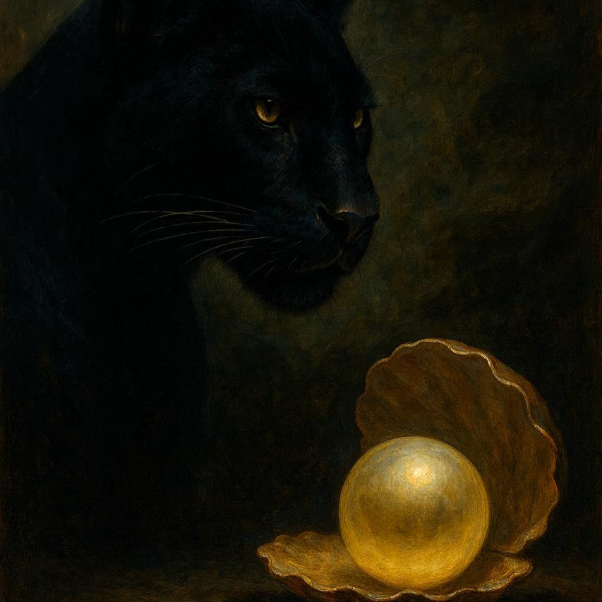 Black panther with a glowing pearl in an open shell against a dark background