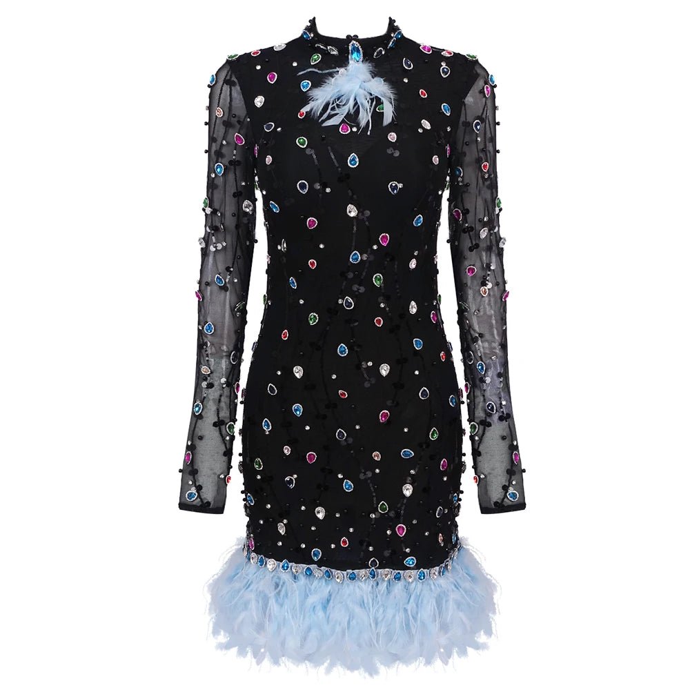 Altessa - A short dress with sparkling Jewels and luxurious Feathered trim - Lu Di Lusso