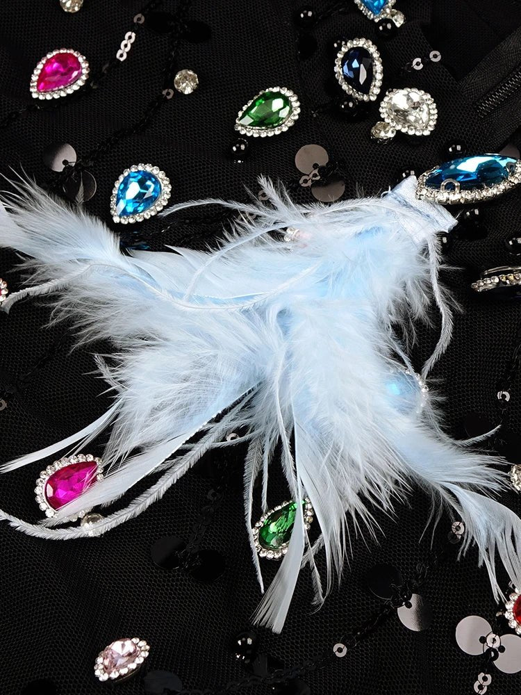 Altessa - A short dress with sparkling Jewels and luxurious Feathered trim - Lu Di Lusso