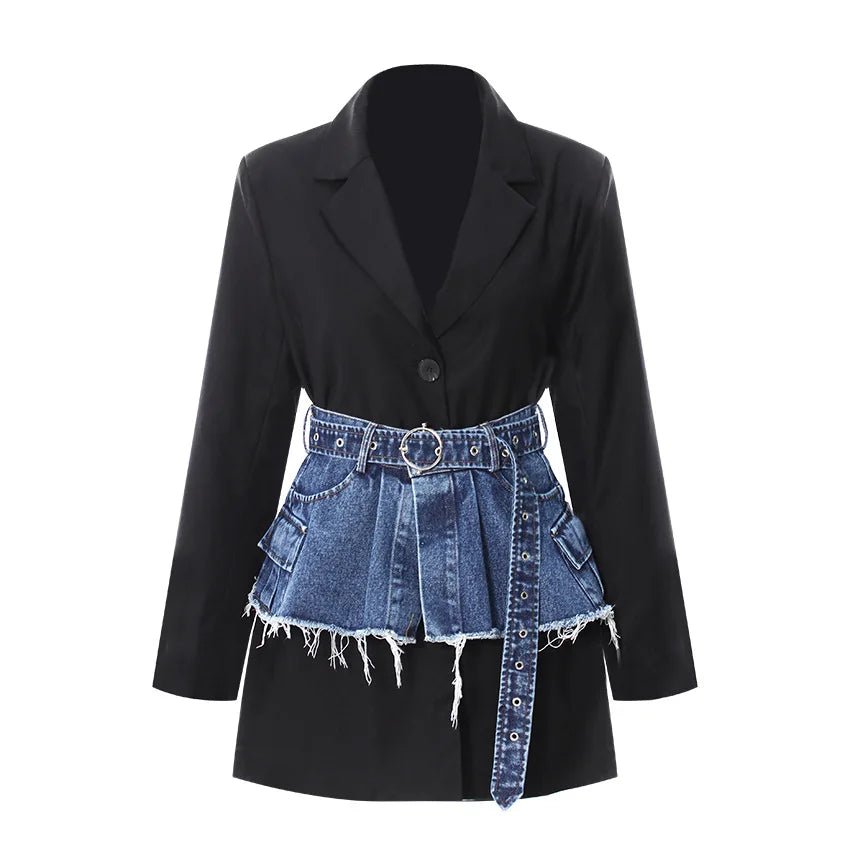 Aurevé Black Blazer with Blue Denim Waistband - Lu Di Lusso