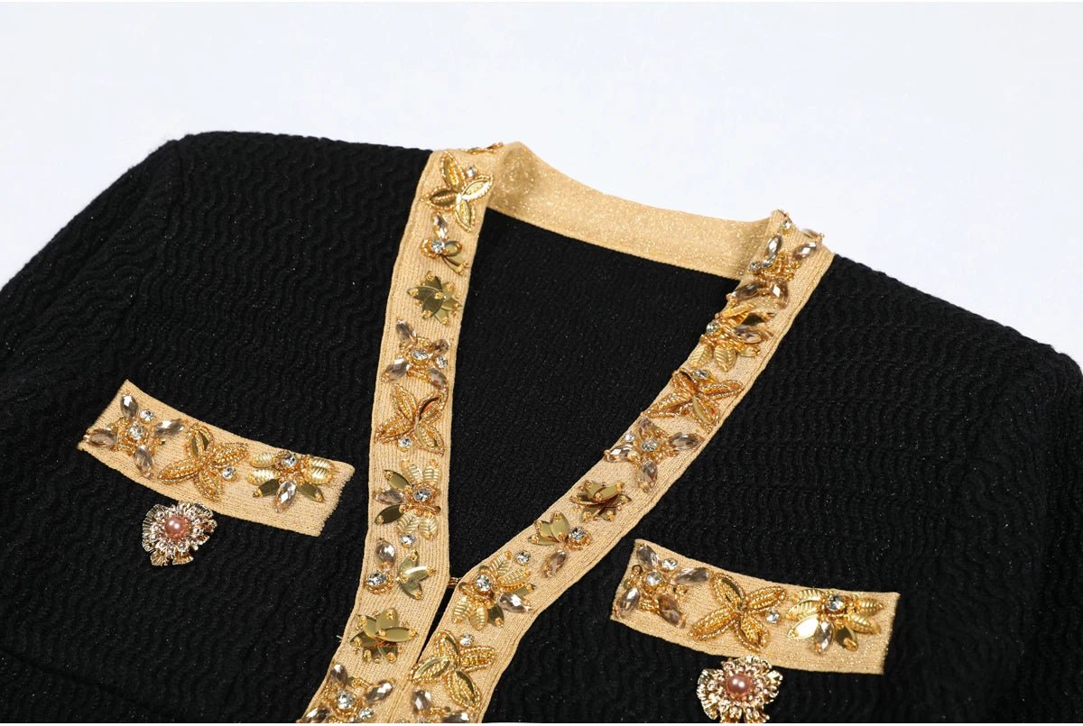 Aurivelle Knitted V - Neck Beaded Cardigan & Slim Skirt Set - Lu Di Lusso