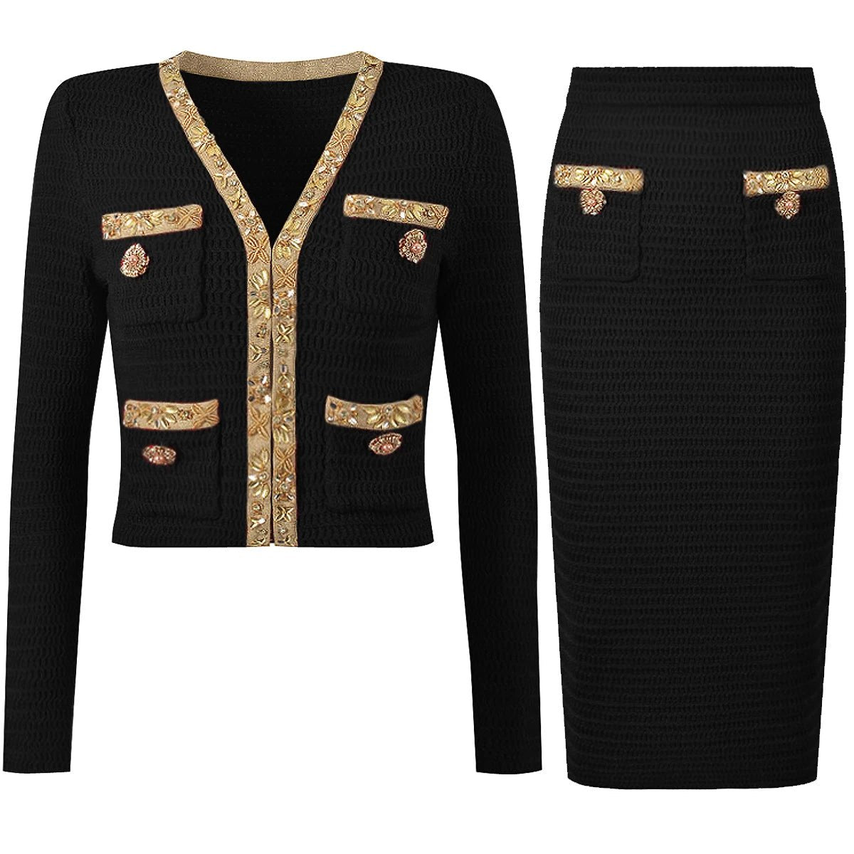Aurivelle Knitted V - Neck Beaded Cardigan & Slim Skirt Set - Lu Di Lusso