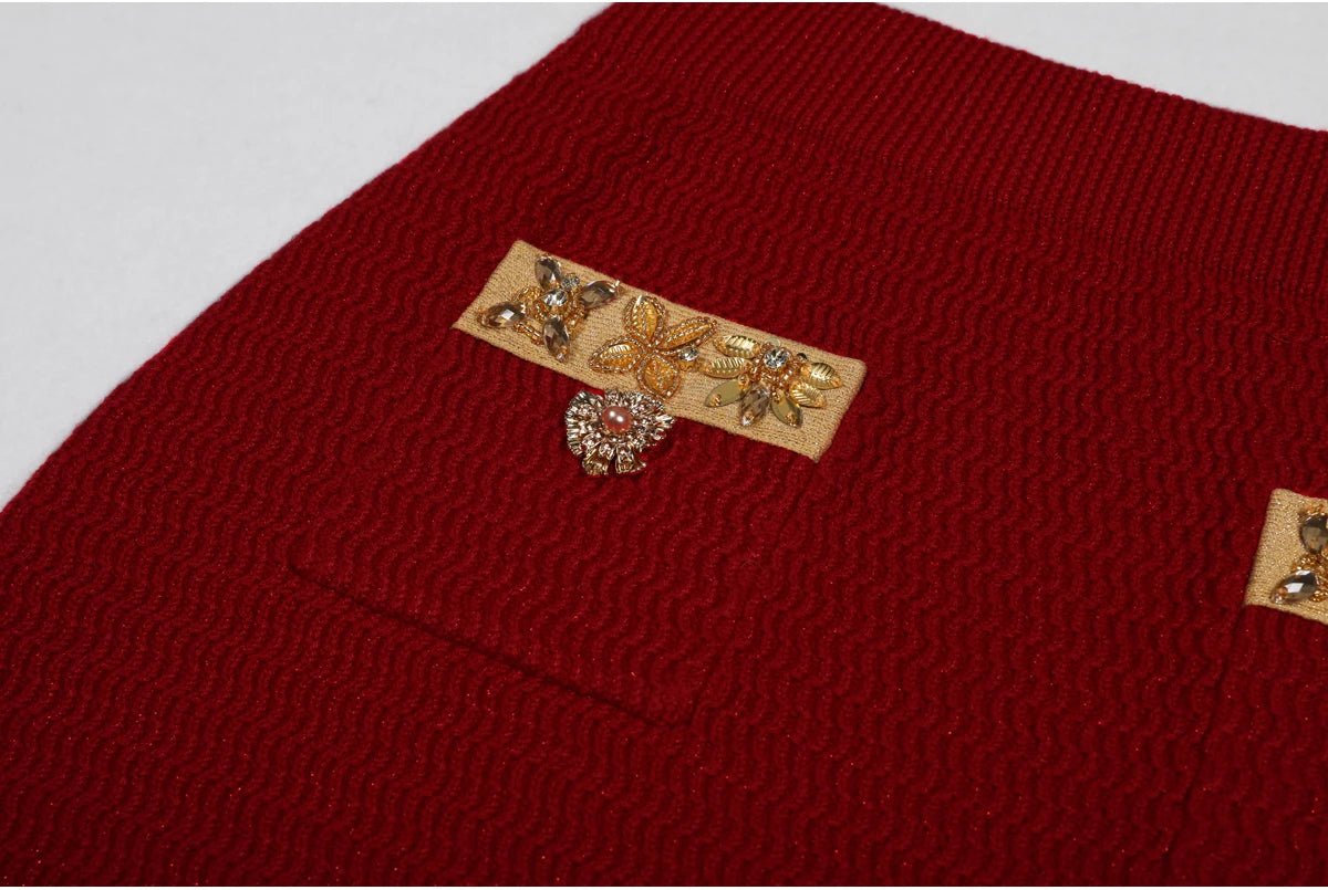 Aurivelle Knitted V - Neck Beaded Cardigan & Slim Skirt Set - Lu Di Lusso