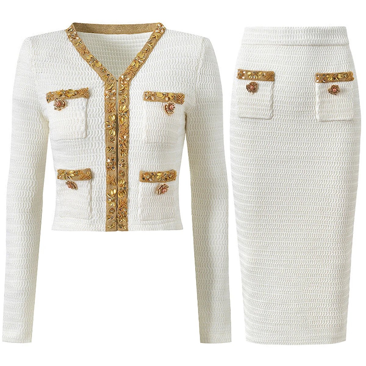 Aurivelle Knitted V - Neck Beaded Cardigan & Slim Skirt Set - Lu Di Lusso