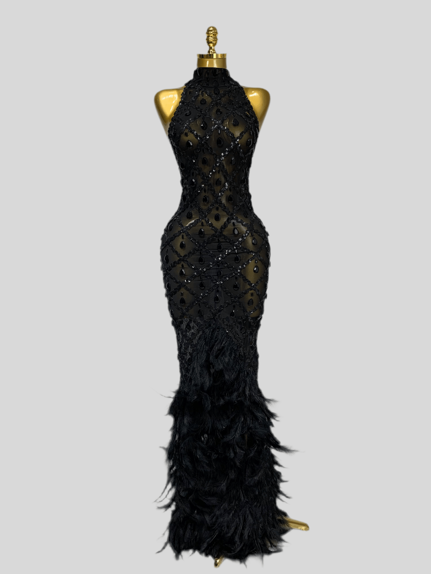Aviana - A long embellished dress with feathers. - Lu Di Lusso