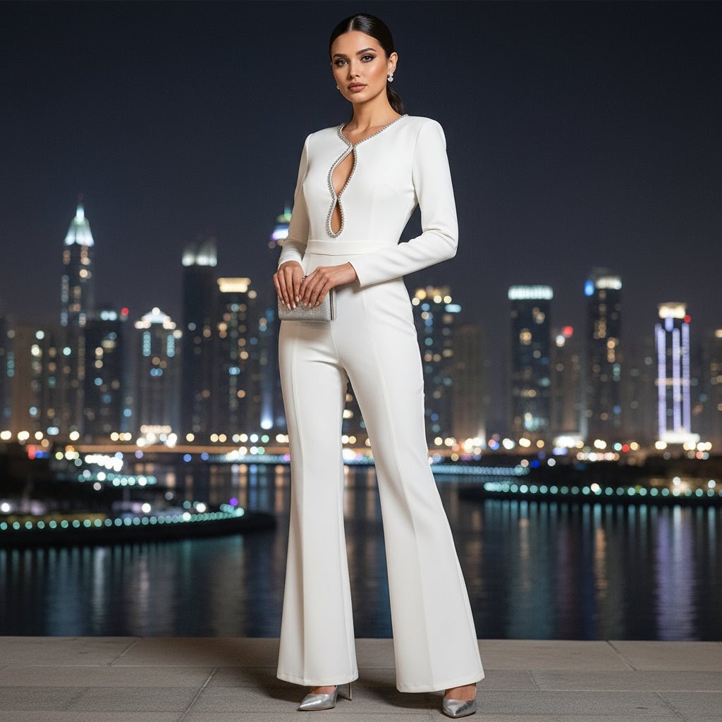 Bianca - White Jumpsuit with Crystal - Embellished Neckline - Lu Di Lusso
