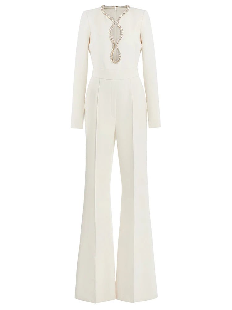 Bianca - White Jumpsuit with Crystal - Embellished Neckline - Lu Di Lusso