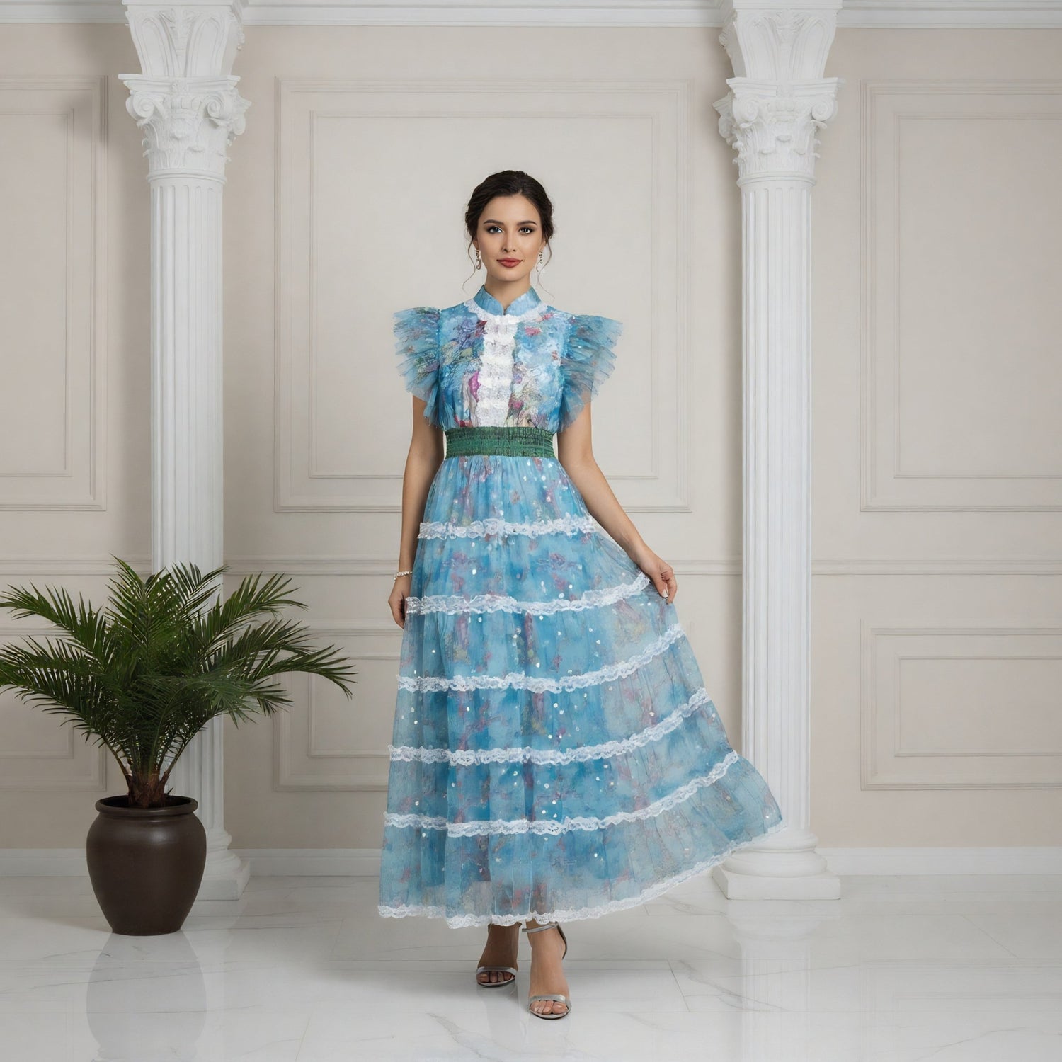 Blosselle Dress features butterfly sleeves, floral print - Lu Di Lusso