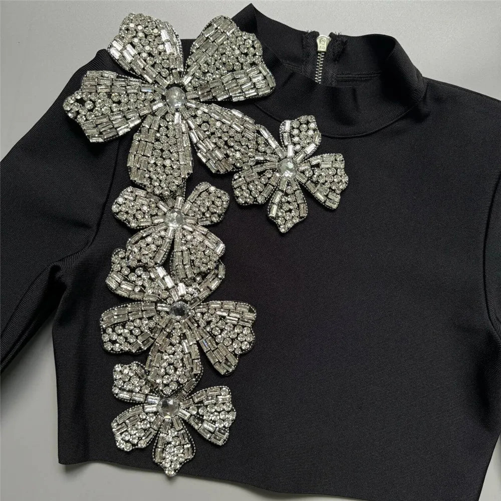 Celine - A bandage long sleeve top paired with a matching skirt with silver diamond flowers. - Lu Di Lusso