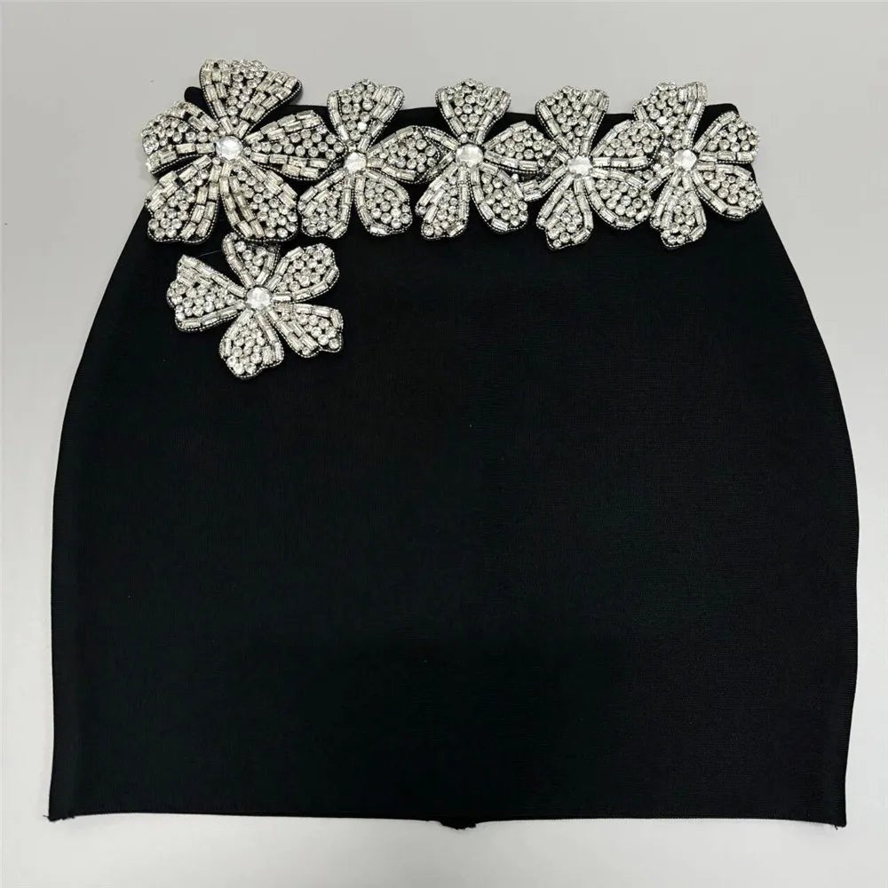 Celine - A bandage long sleeve top paired with a matching skirt with silver diamond flowers. - Lu Di Lusso