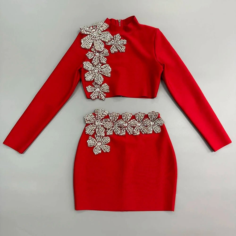 Celine - A bandage long sleeve top paired with a matching skirt with silver diamond flowers. - Lu Di Lusso