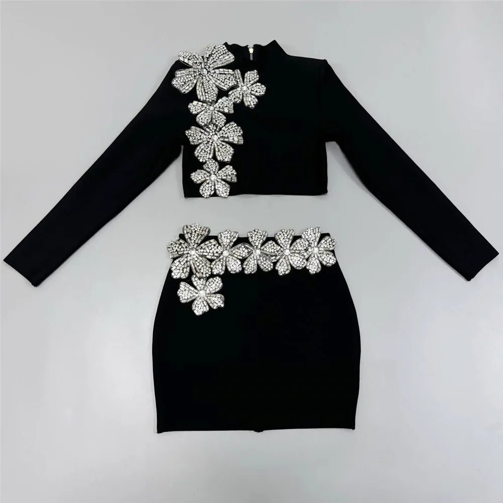 Celine - A bandage long sleeve top paired with a matching skirt with silver diamond flowers. - Lu Di Lusso